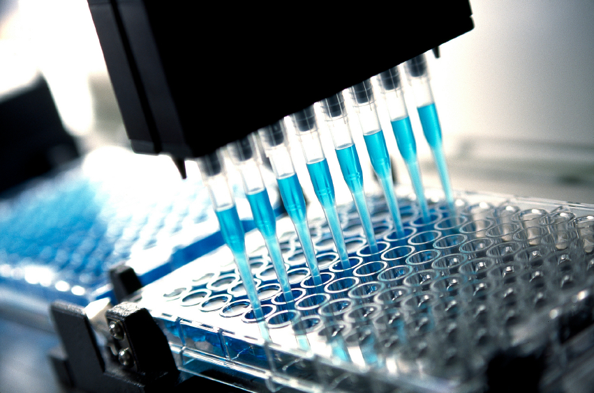 Laboratory microtiter plate with blue liquid samples